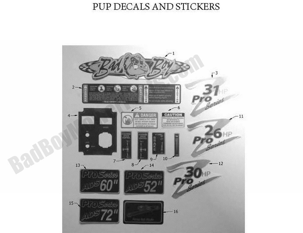 642 - Bad Boy Mower Parts Lookup > 2011 > Pup and Lightning > Decals (Pup Models)