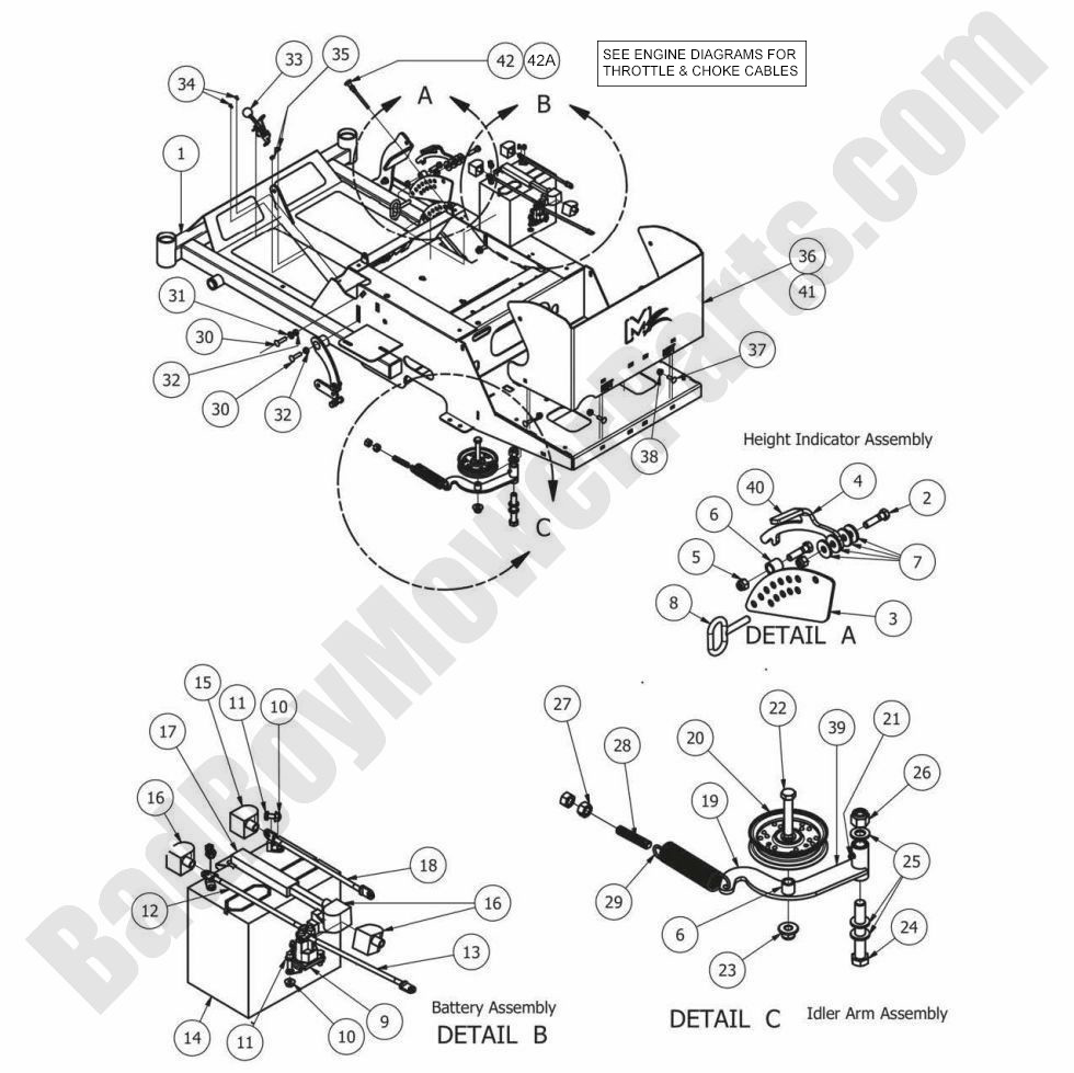 837 - Bad Boy Mower Parts Lookup > 2013 > MZ Magnum > Battery & Idler Arm