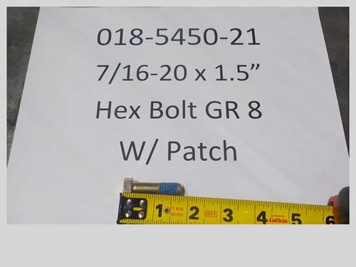 018-5450-21 - 7/16-20 x 1.5" Hex bolt GR 8 w/ Patch