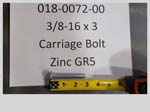 018-0072-00 - 3/8-16 x 3 Carriage Bolt Zinc GR5